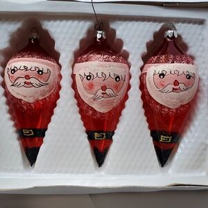 Romanian Vintage Set of 3 Hand Painted Glass 6" Santa Ornaments numbered on box.